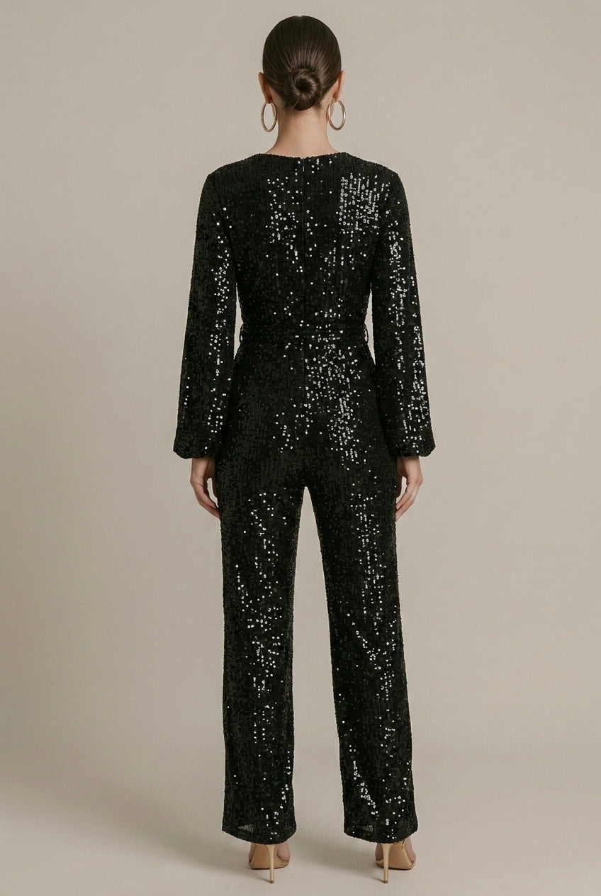 Women's Sequin Wrap Jumpsuit - Long Sleeve - Wide Leg - V-Neck
