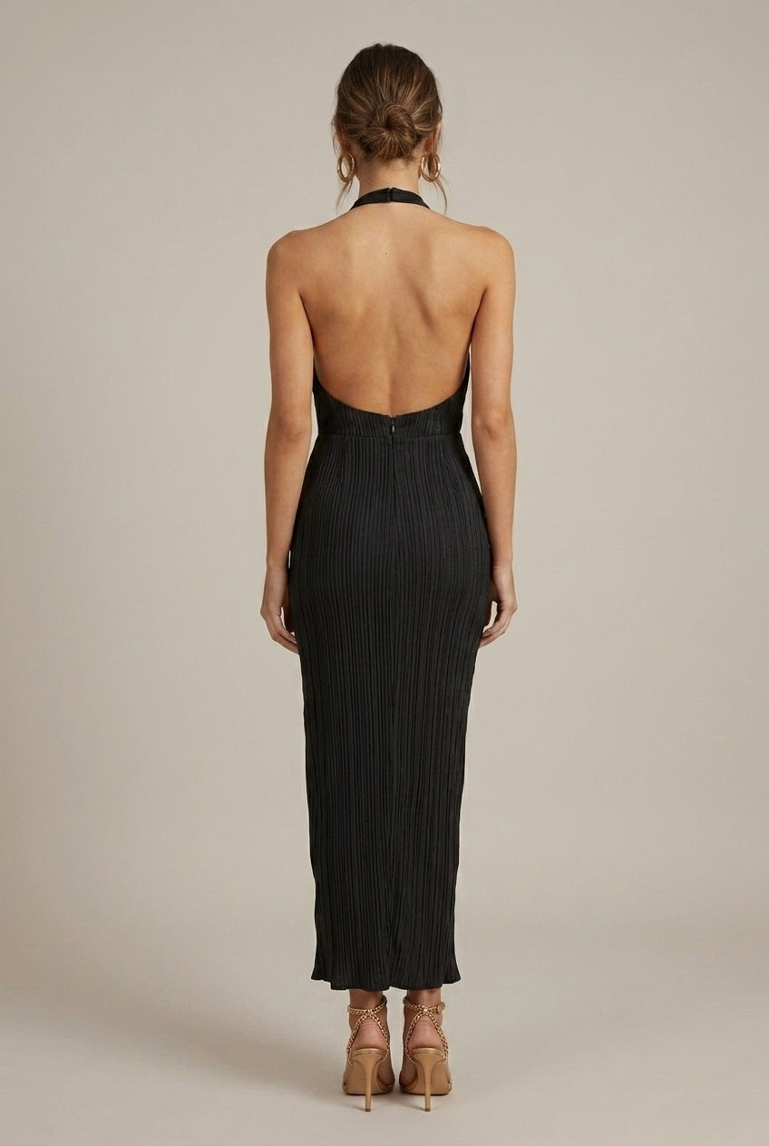 Women's Textured Halter Neck Ruched Midi Dress with Tie Closure