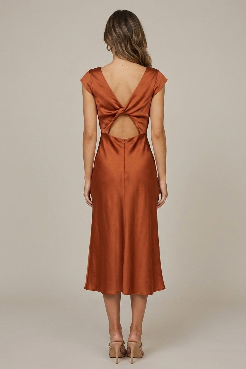 Women's Twist Back Midi Dress - Cap Sleeve - Boat Neckline - Side Slit