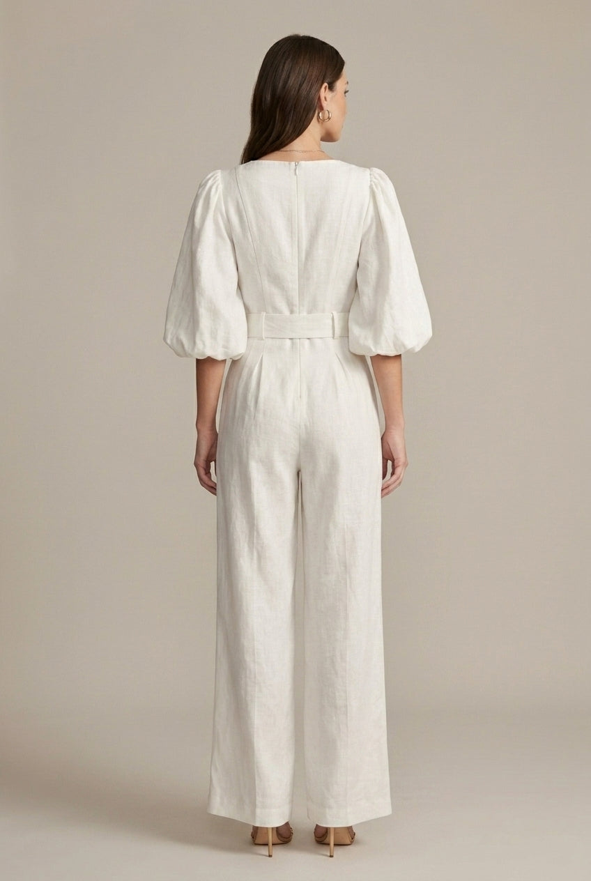 Women's V-Neck Puff Sleeve Wide Leg Belted Jumpsuit