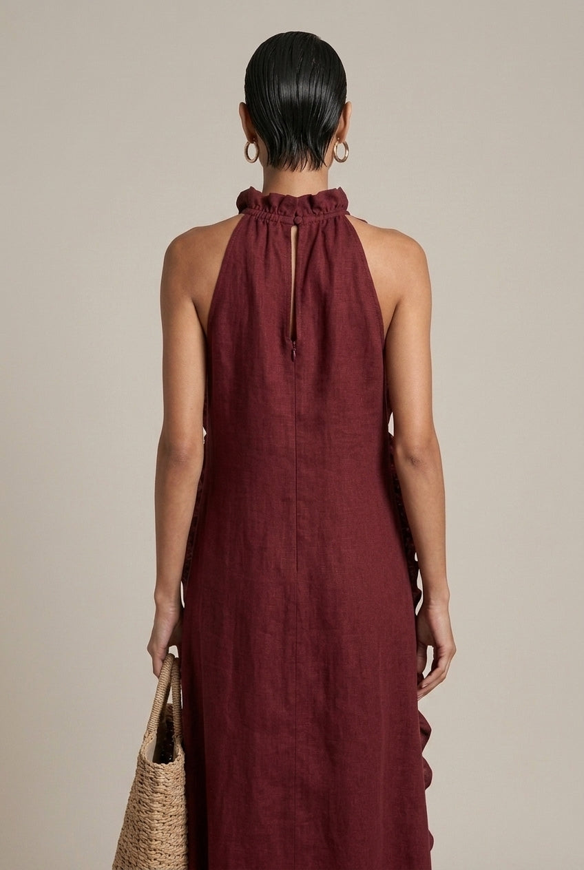 Women's Linen Blend Halter Neck Maxi Dress