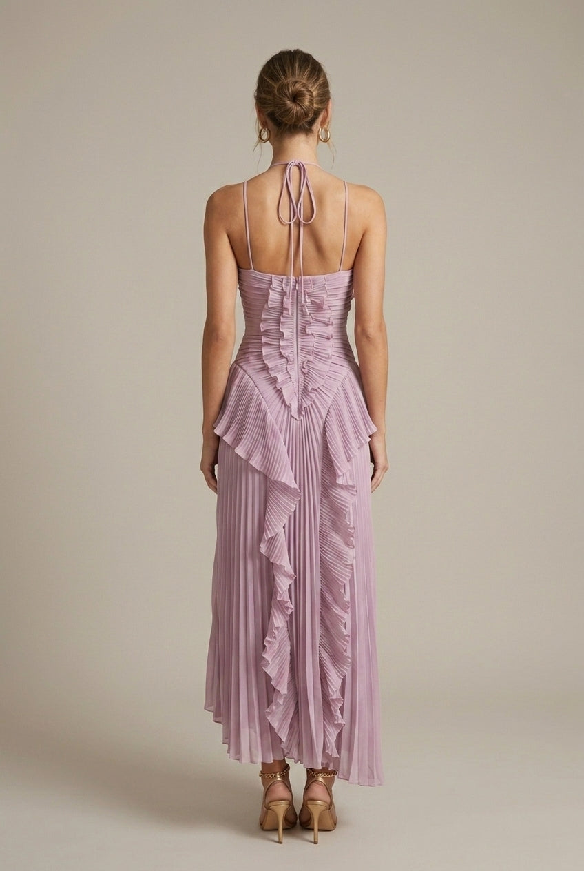Women's Halter Ruffle Pleated Maxi Dress - Cross Back Straps