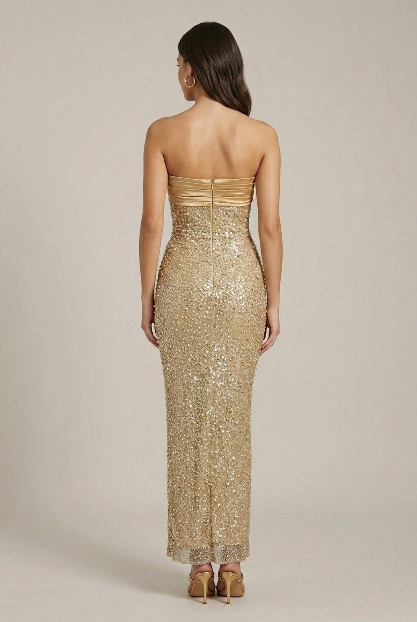 Women's Sequin Strapless Straight Neckline Bodycon Maxi Dress
