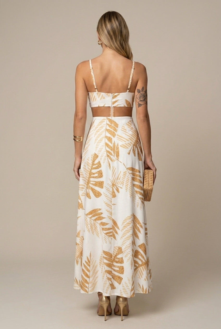 Women's Tropical Print Cutout Waist Tie Front Spaghetti Strap Maxi Dress