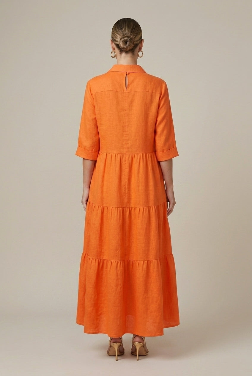 Women's Tiered Maxi Dress with Button-Up Collar and Half Sleeves