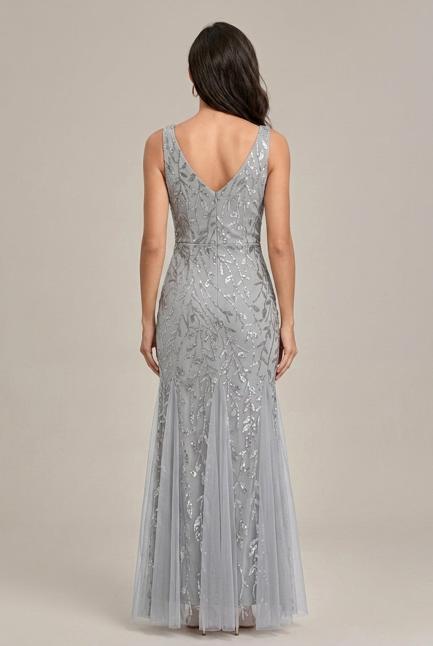 Women's Embroidered Mermaid Formal Maxi Dress - Long Sleeve Mesh