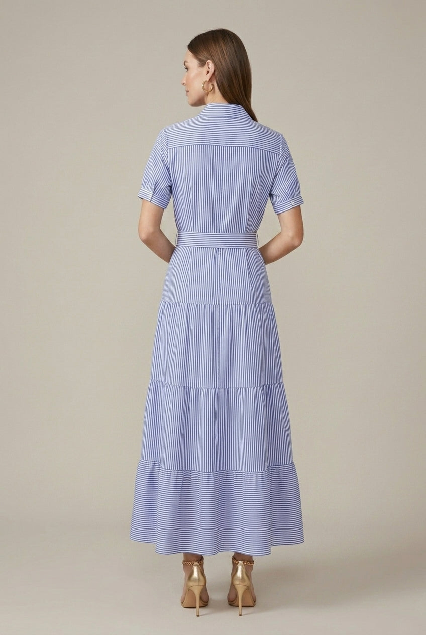 Women's Striped Maxi Dress Tiered Button-Down