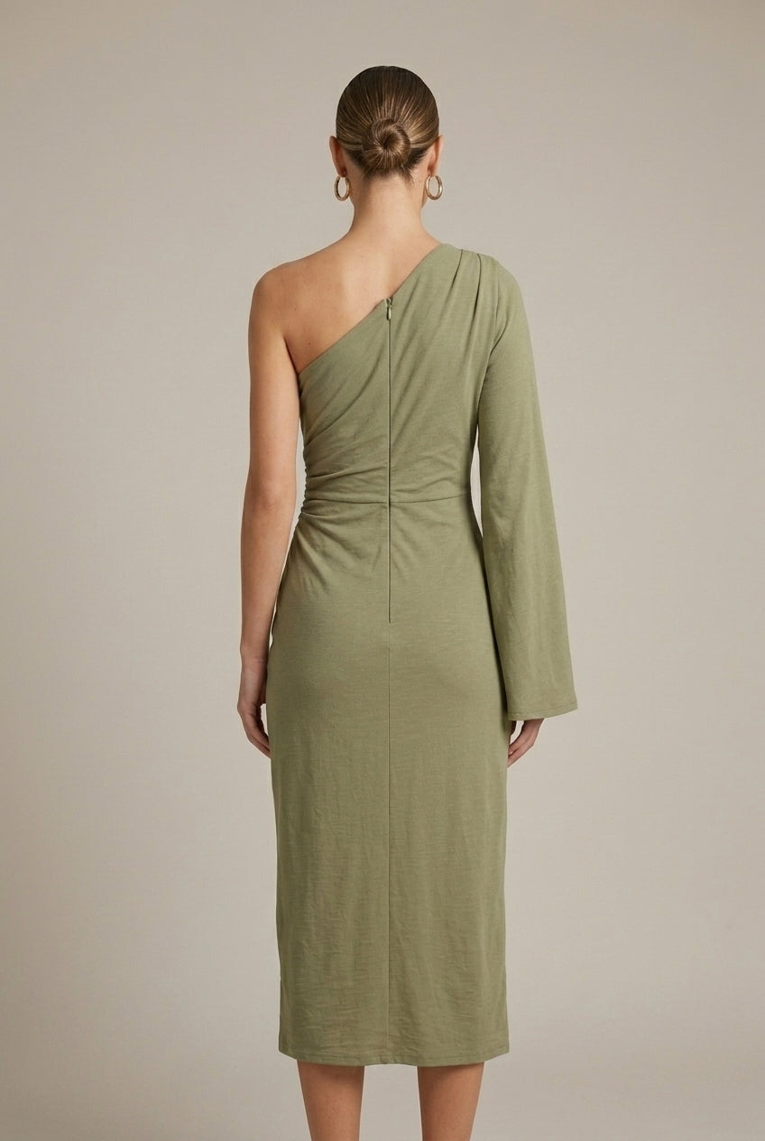 Women's Midi Dress One Shoulder Long Sleeve Side Slit
