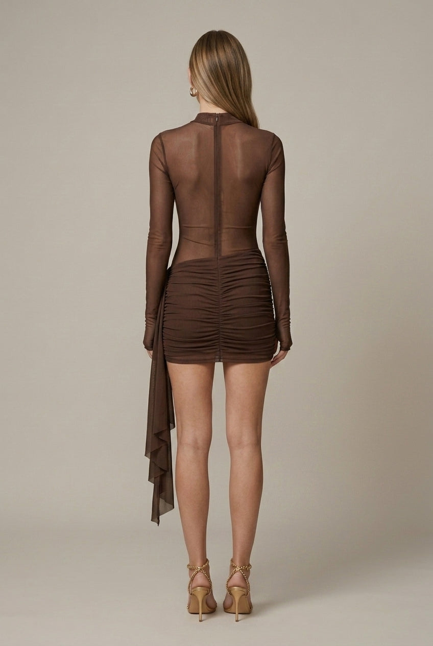 Women's Mesh Long Sleeve Mini Dress with Ruched Skirt and Asymmetric Hem