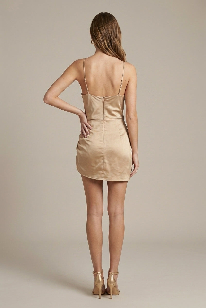 Women's Satin Mini Dress - Asymmetrical Ruched Bodycon