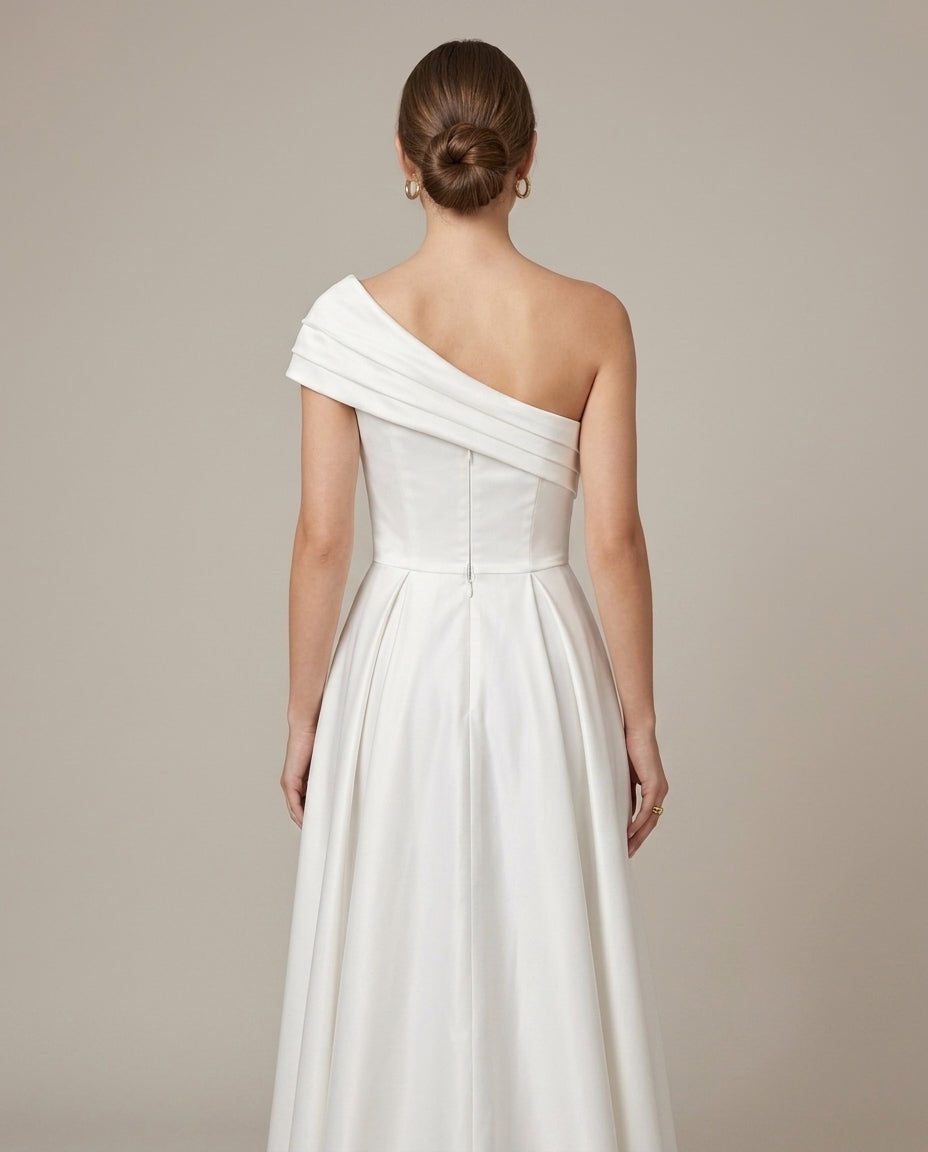 Women's Satin Maxi Dress - Assymetrical Ruched Neckline - Pleated A-Line Skirt - Thigh Slit