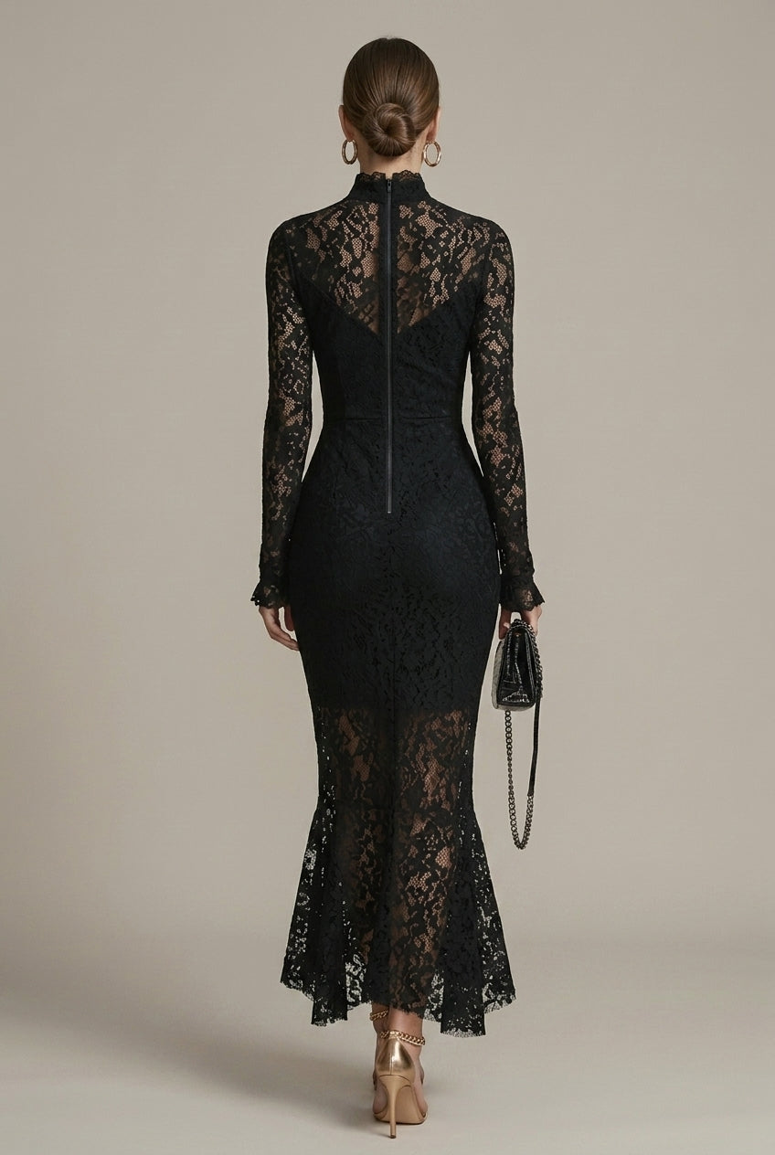 Women's Lace Long Sleeve Fitted Midi Dress - High Neckline