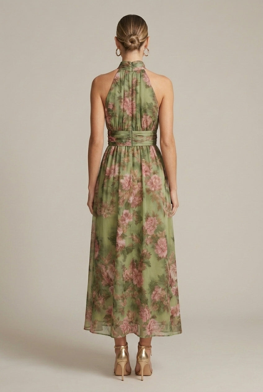 Women's Floral Halter Maxi Dress - Sleeveless Tie Waist