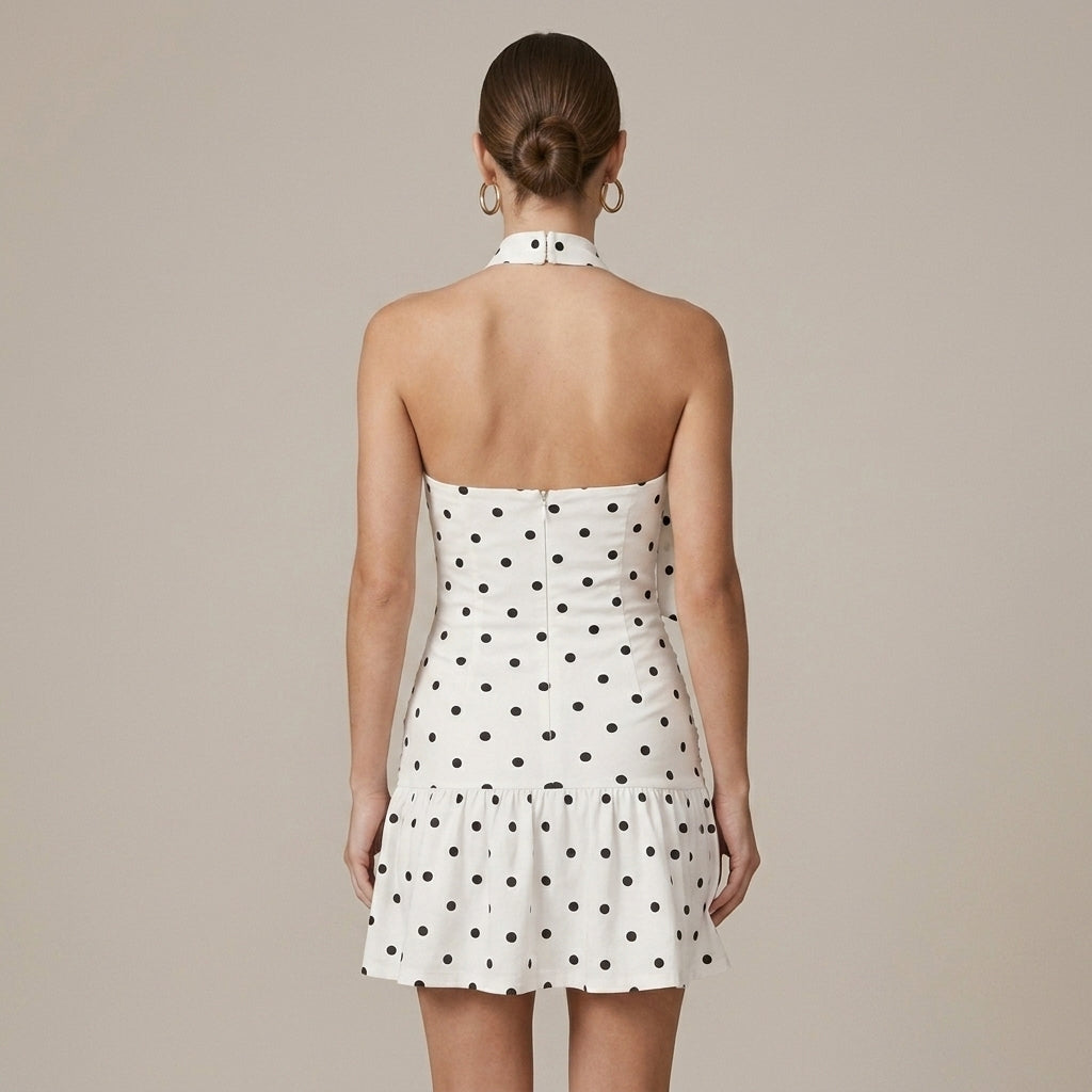 Women's White Polka Dot Mini Dress Halter Neck Drop Waist