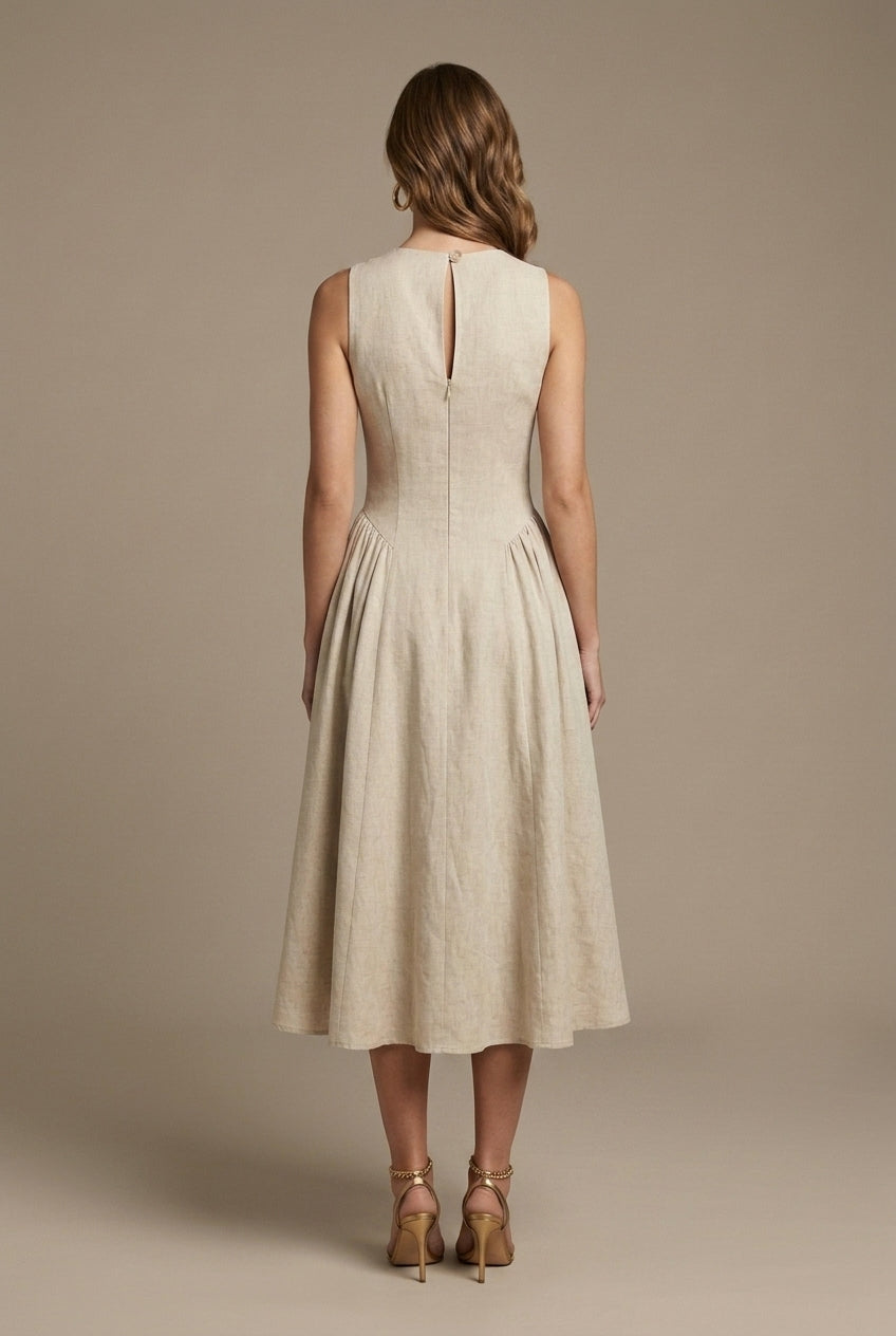 Women's Sleeveless Keyhole Cutout A-Line Midi Dress - Button Closure