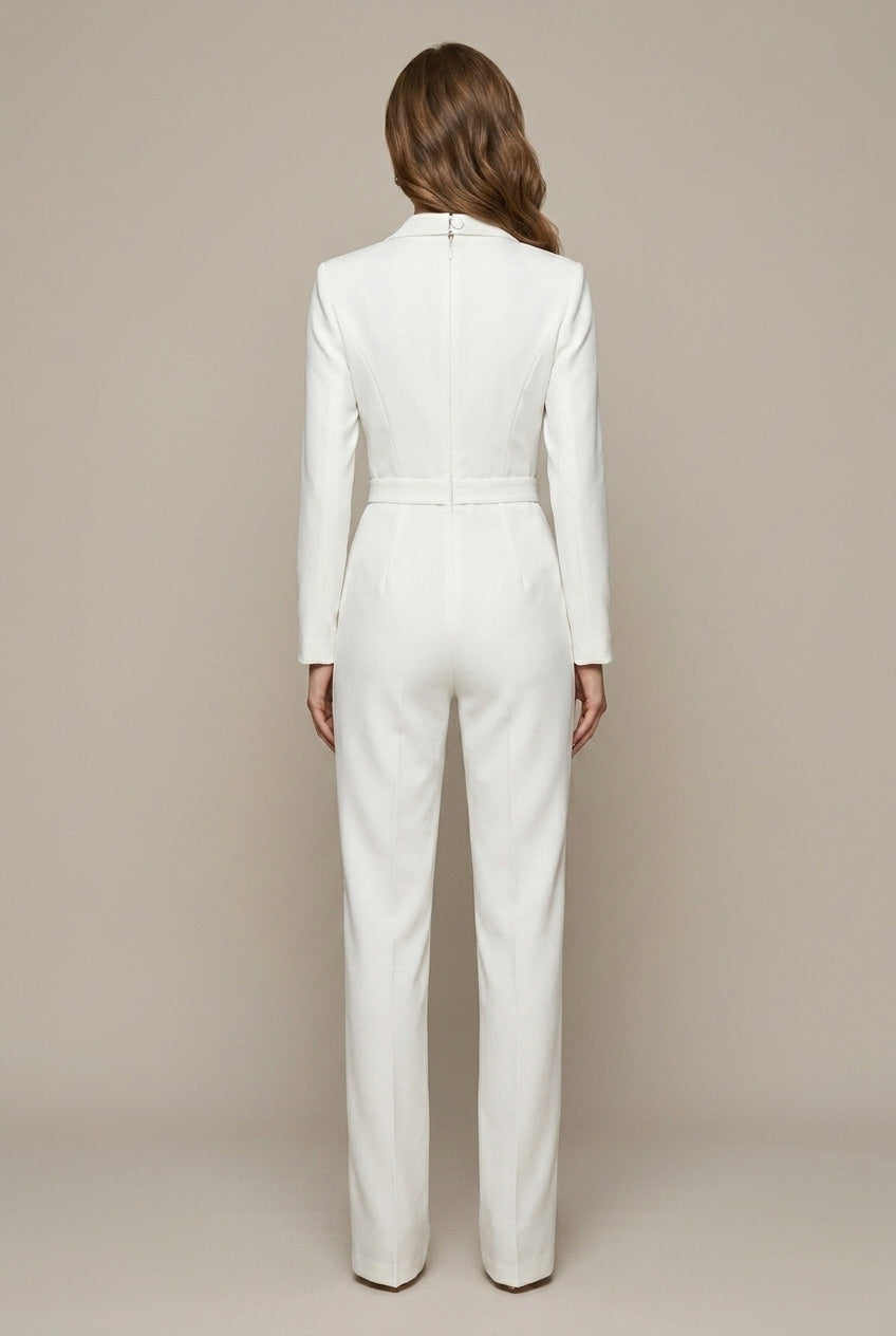 Women's Long Sleeve V-Neck Wide Leg Wrap Jumpsuit with Belt