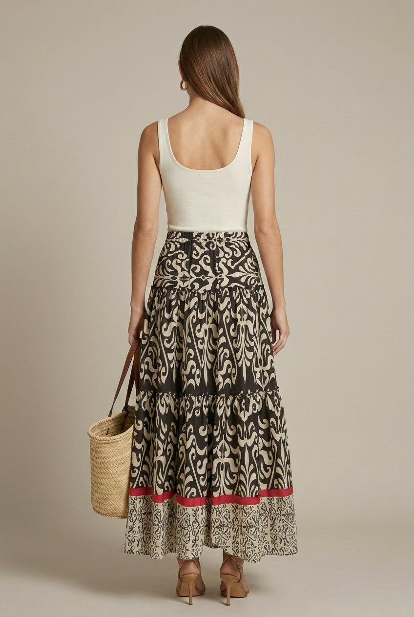 Women's Printed Tiered Maxi Skirt with Elasticated Waist