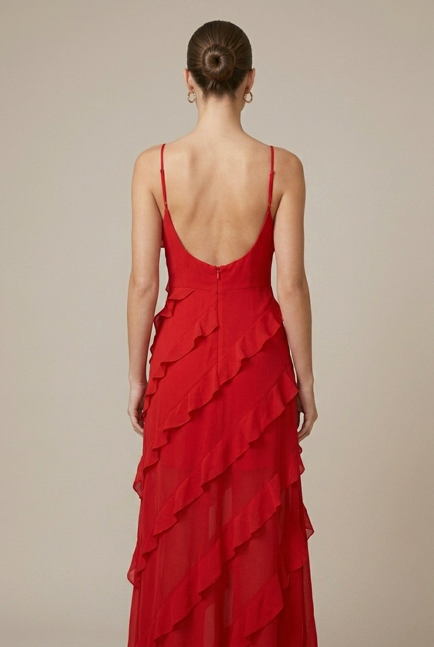 Women's Ruffle Detail Spaghetti Strap V-Neck Maxi Dress