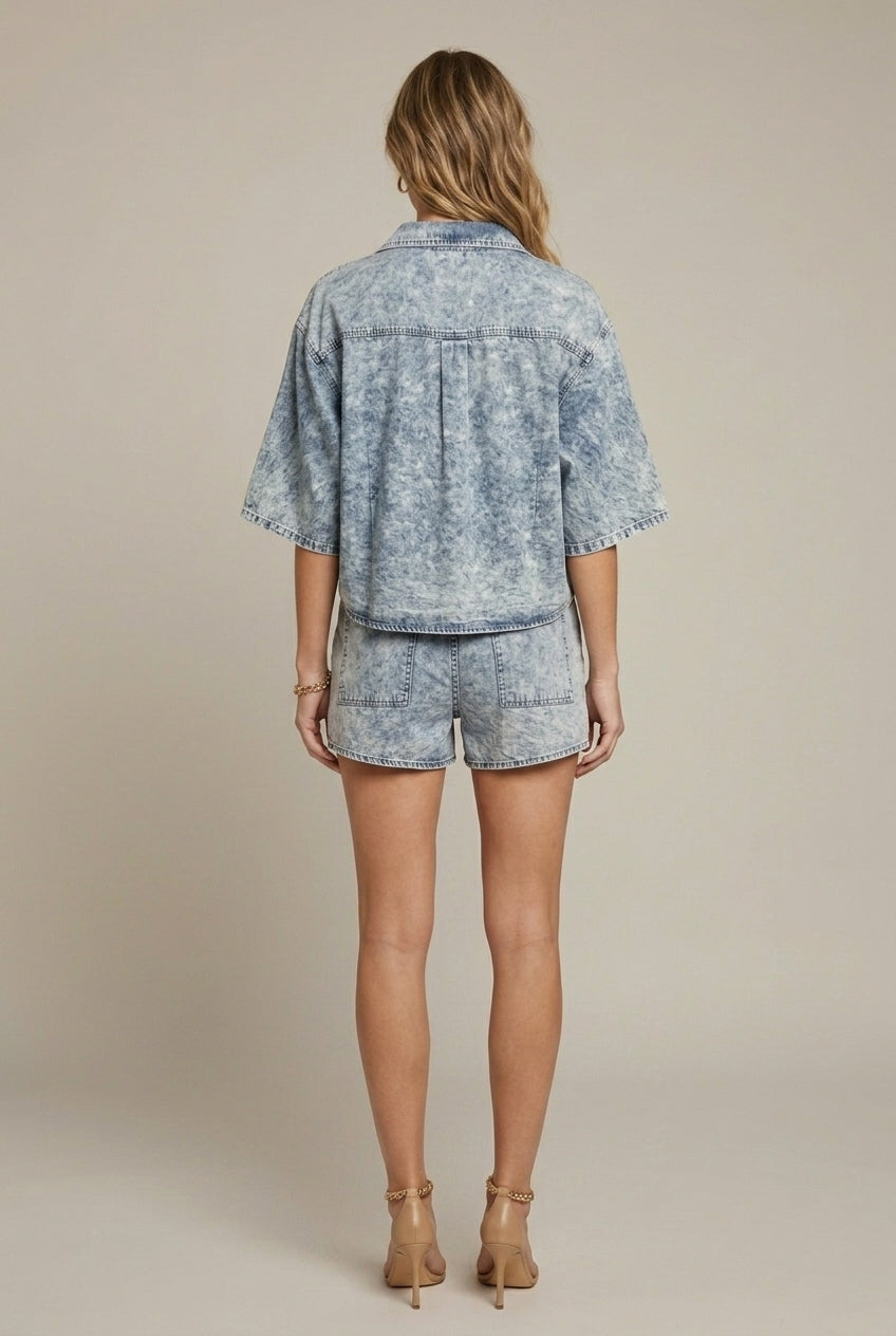 Women's Denim Two Piece Set - Button Down Shirt - Drawstring Shorts