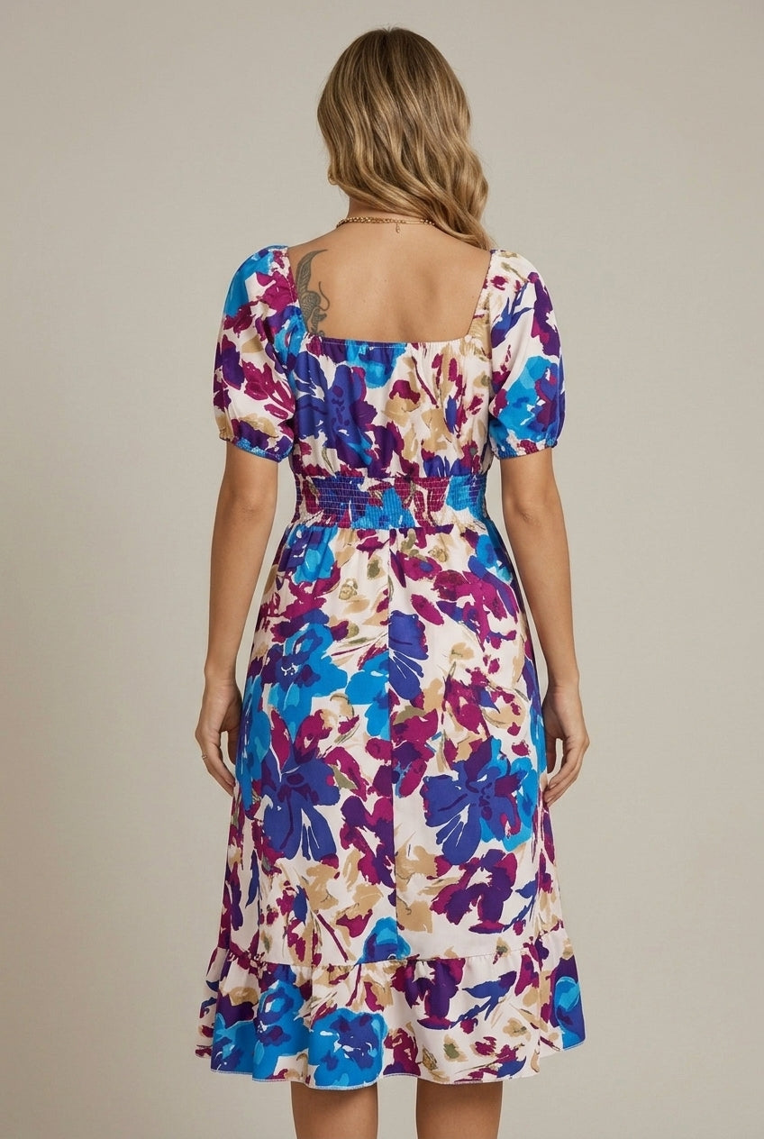 Women's Off Shoulder Floral Midi Dress - Puff Sleeve - Smocked Waist - Thigh Slit