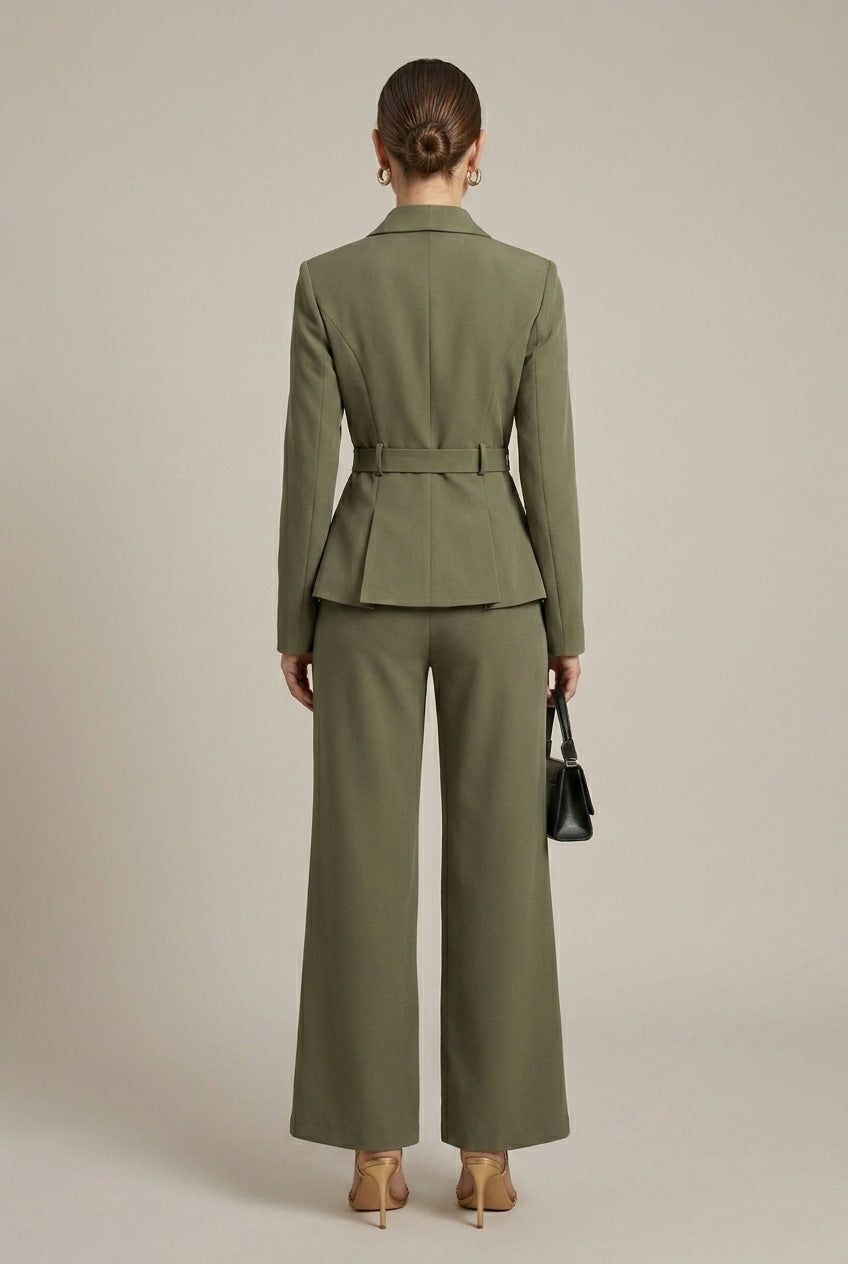 Women’s Two Piece Suit Set with V Neck Jacket and Straight Leg Wide Pants