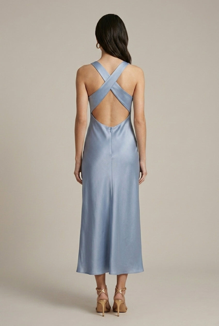 Women's Cross Back Cutout Satin Maxi Dress