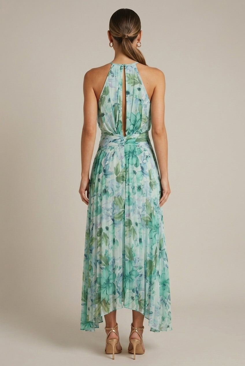 Women's Tropical Print Halter Keyhole Tie Waist Maxi Dress