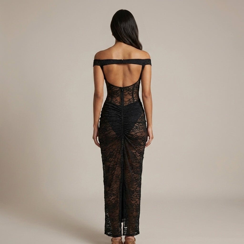 Women's Sheer Split Front Midi Dress - Short Sleeve