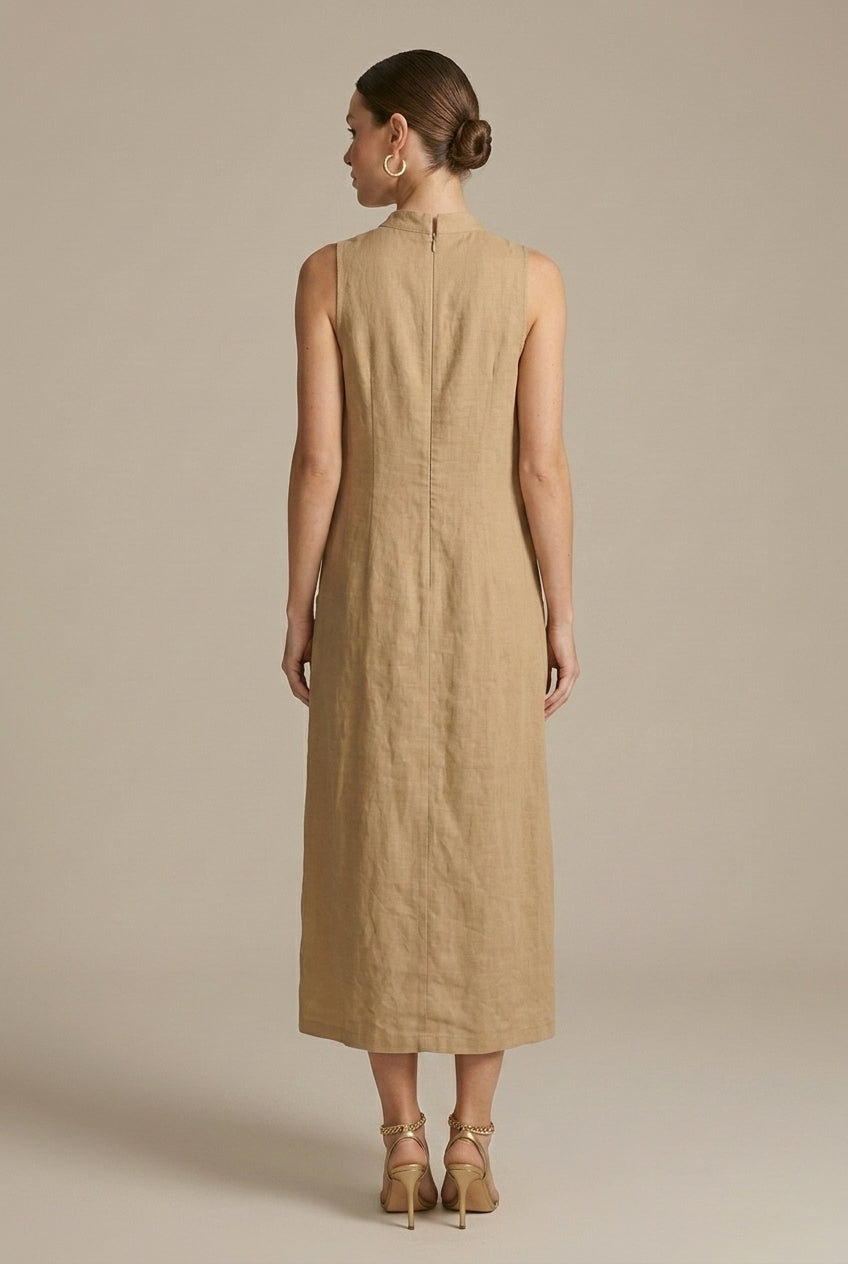 Women's Linen Maxi Dress Sleeveless Stand Collar