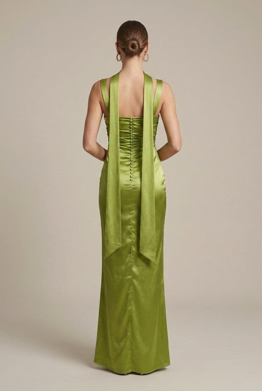 Women's Green Satin Maxi Dress - Cowl Neck - Ruched Bodice - Sleeveless
