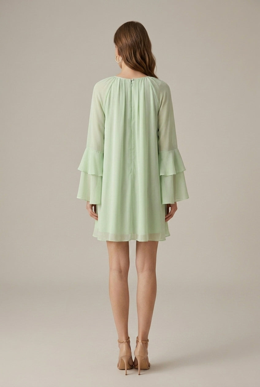 Women's Light Green Tiered Ruffle Long Sleeve Mini Dress