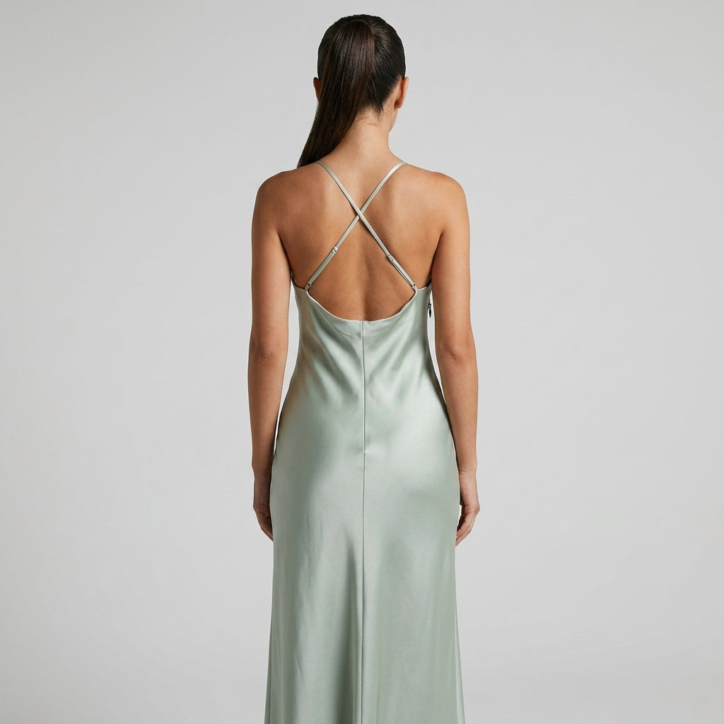 Women's Satin Halter Neck Backless Slip Maxi Dress