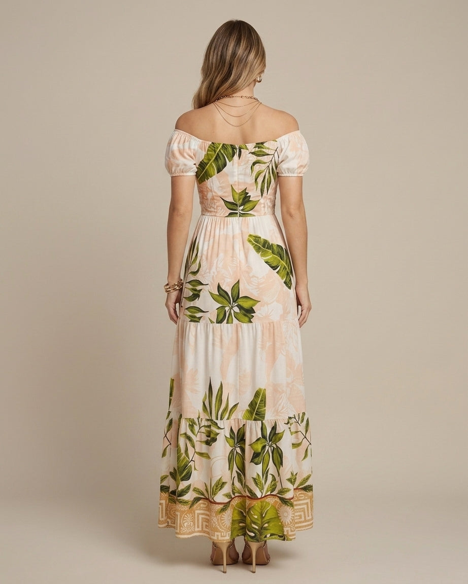 Women's Off Shoulder V Neck Print Cut Out Long Sleeve Maxi Dress