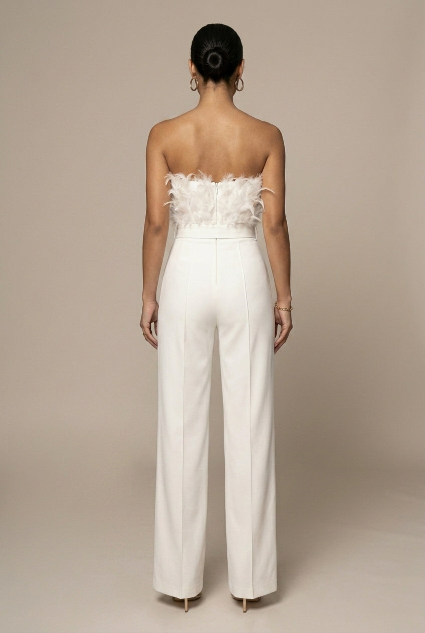 Women's Strapless Feather Detail Belted Wide Leg Jumpsuit