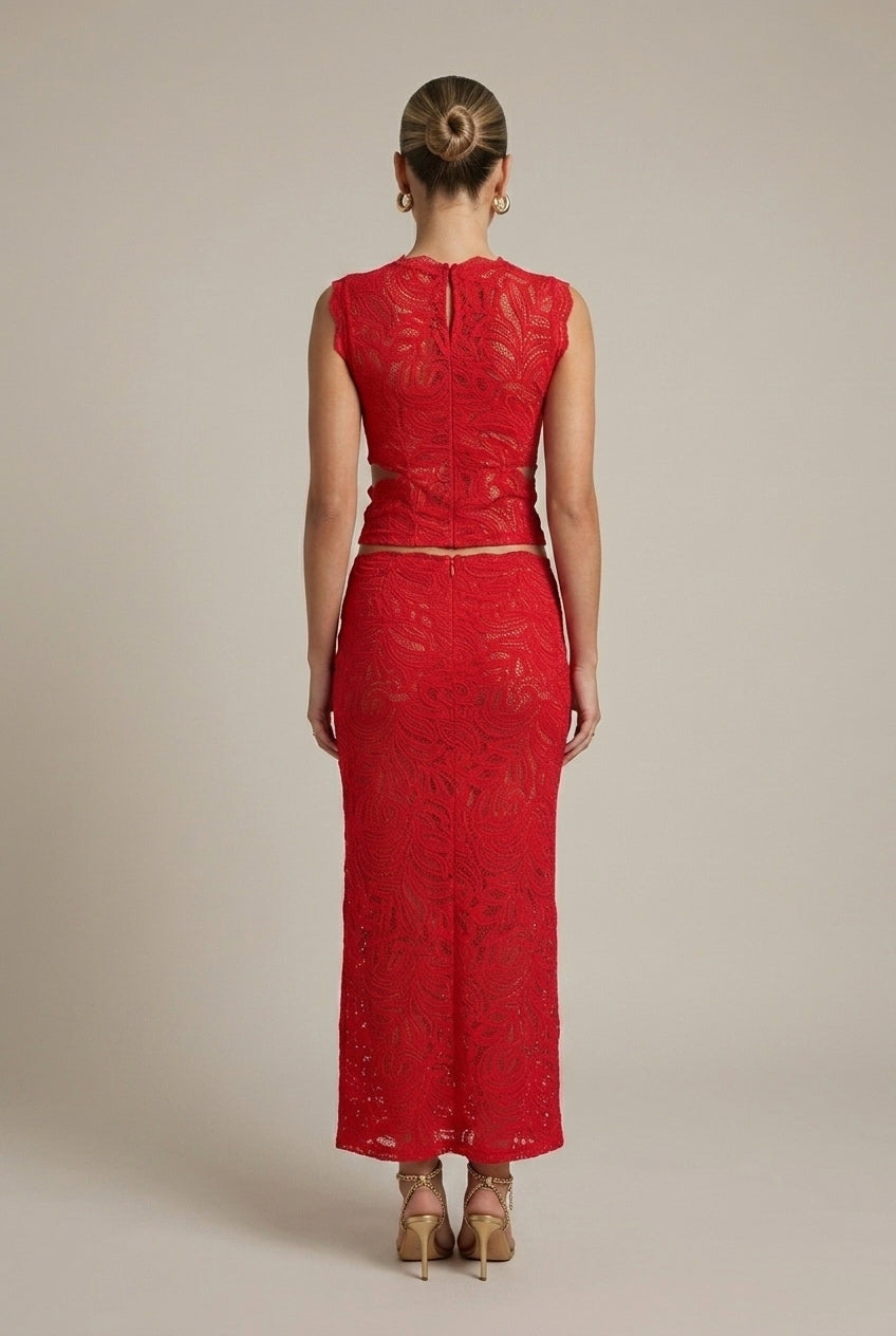 red lace two piece dress Women's Red Lace Sleeveless Cutout Two-Piece Maxi Set – Rolenna