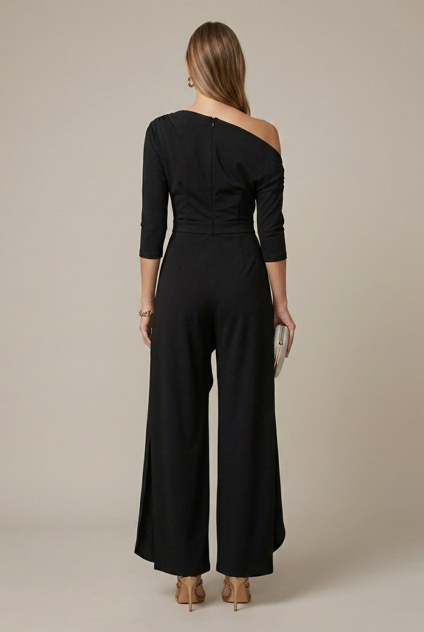 Women's One Shoulder Draped Wide Leg Dressy Jumpsuit - 3/4 Sleeve
