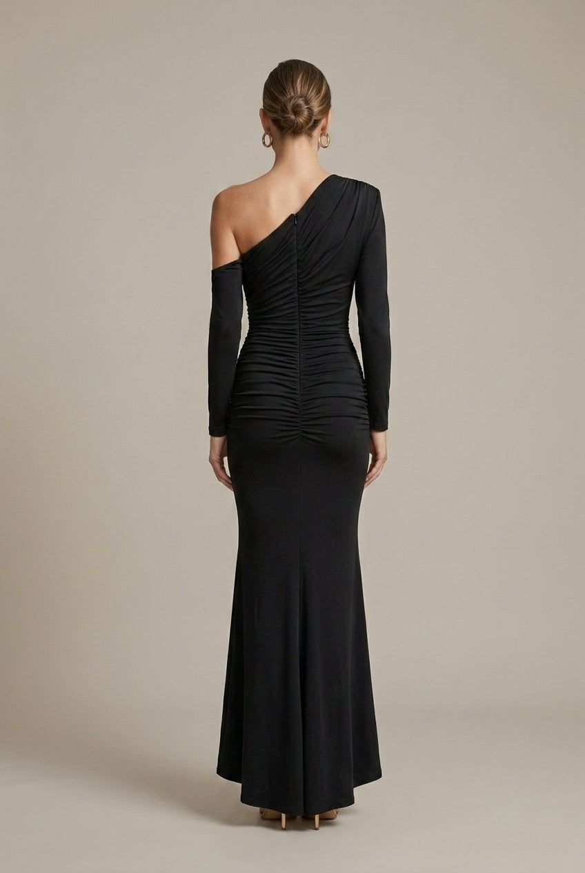 Women's Maxi Dress One Shoulder Ruched Long Sleeve