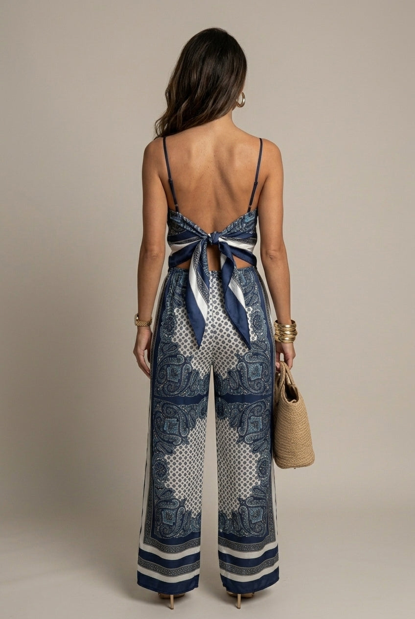 Women's Printed Lace-Up Top - Matching Pants Two Piece Set