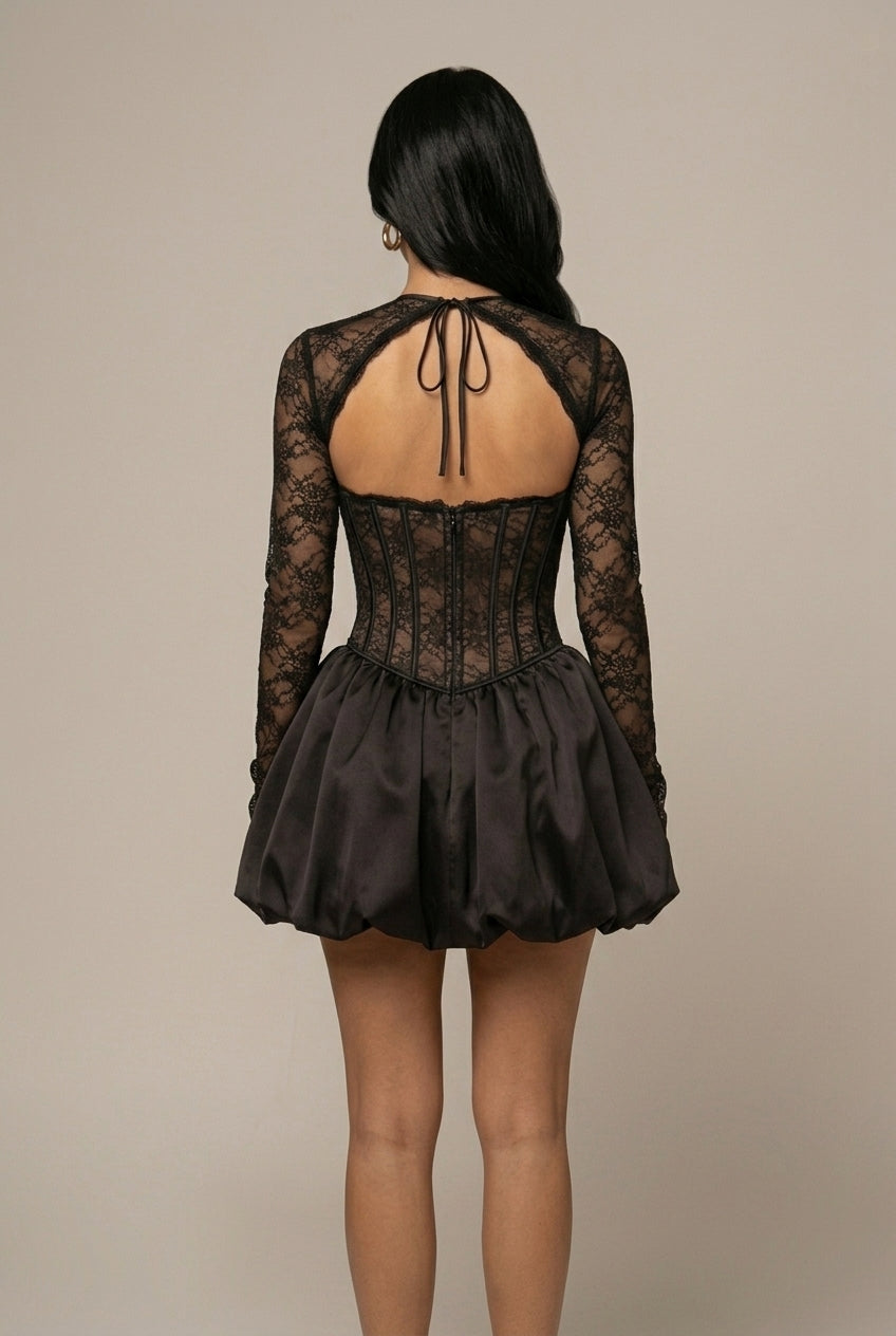 Women's Lace Corset Mini Dress with Cutout and Bubble Skirt