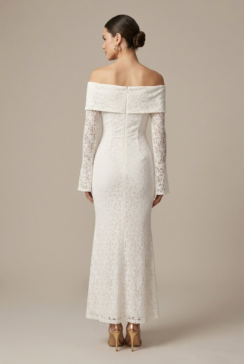 Women's Wedding Guest Lace Maxi Dress - Off Shoulder - Bell Sleeve
