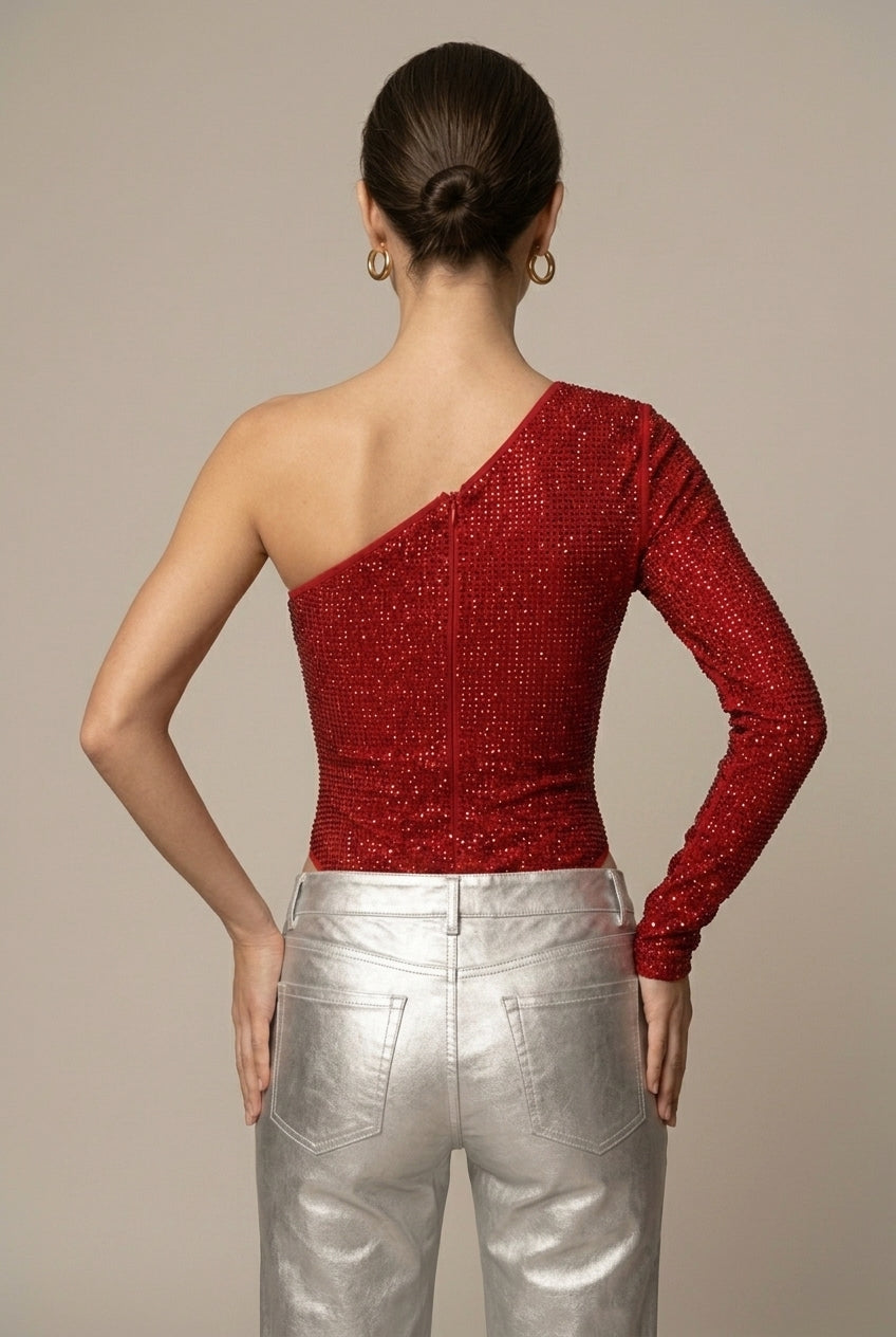 Women's Sequin One Shoulder Long Sleeve Bodysuit