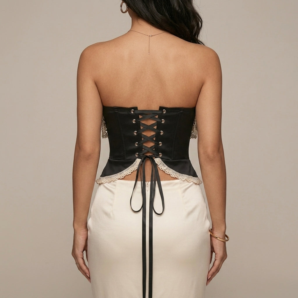 Women's Strapless Corset Top with Crochet Lace Trim and Lace-Up Back