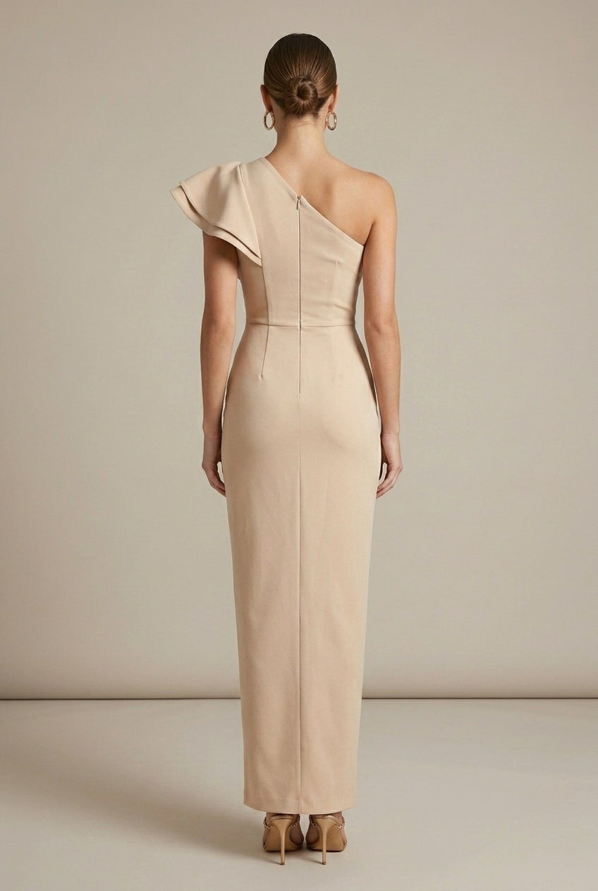 Women's One Shoulder Ruffle Sleeve Side Slit Midi Dress