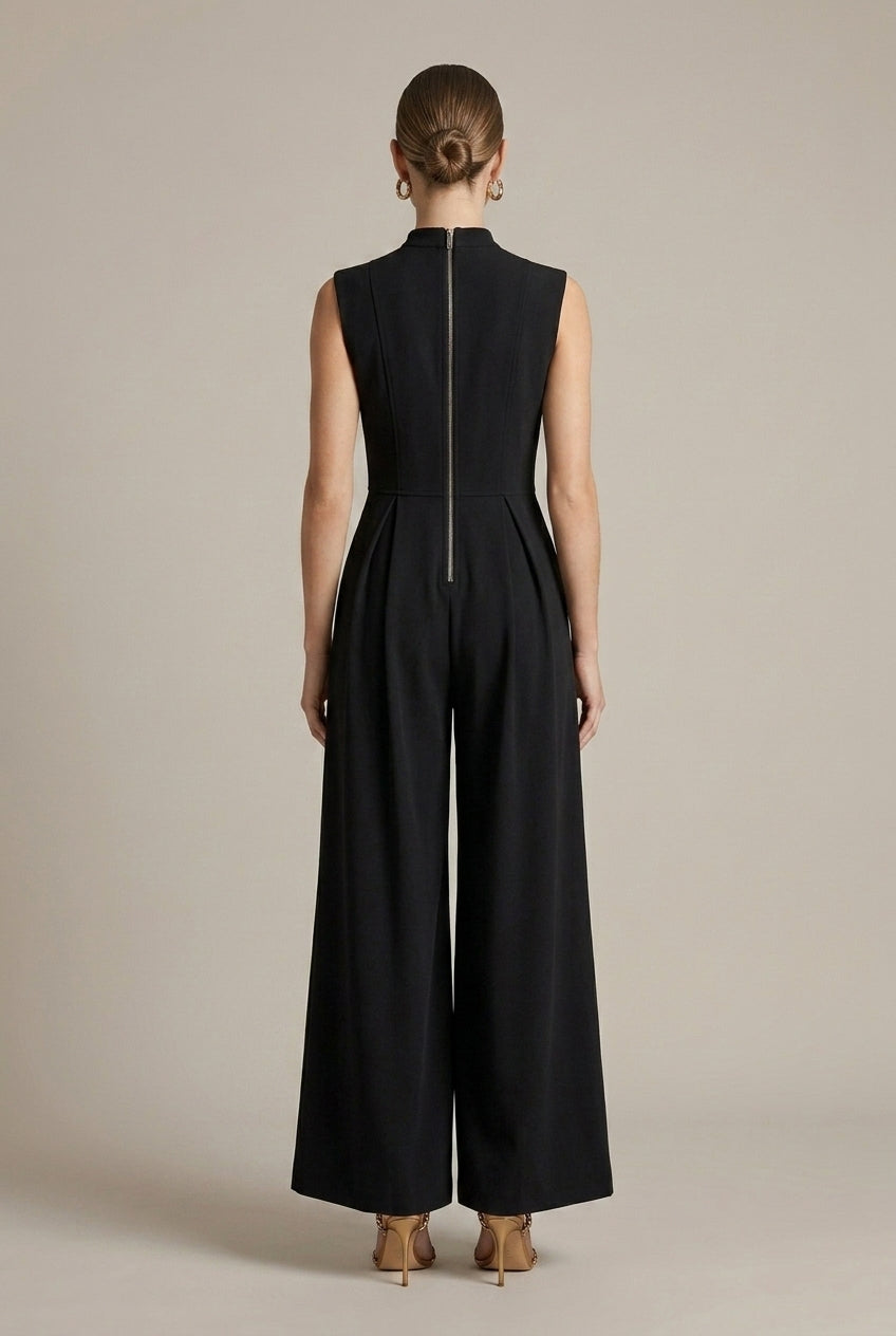 Women's Sleeveless Deep V-Neck Front Zip Wide Leg Jumpsuit