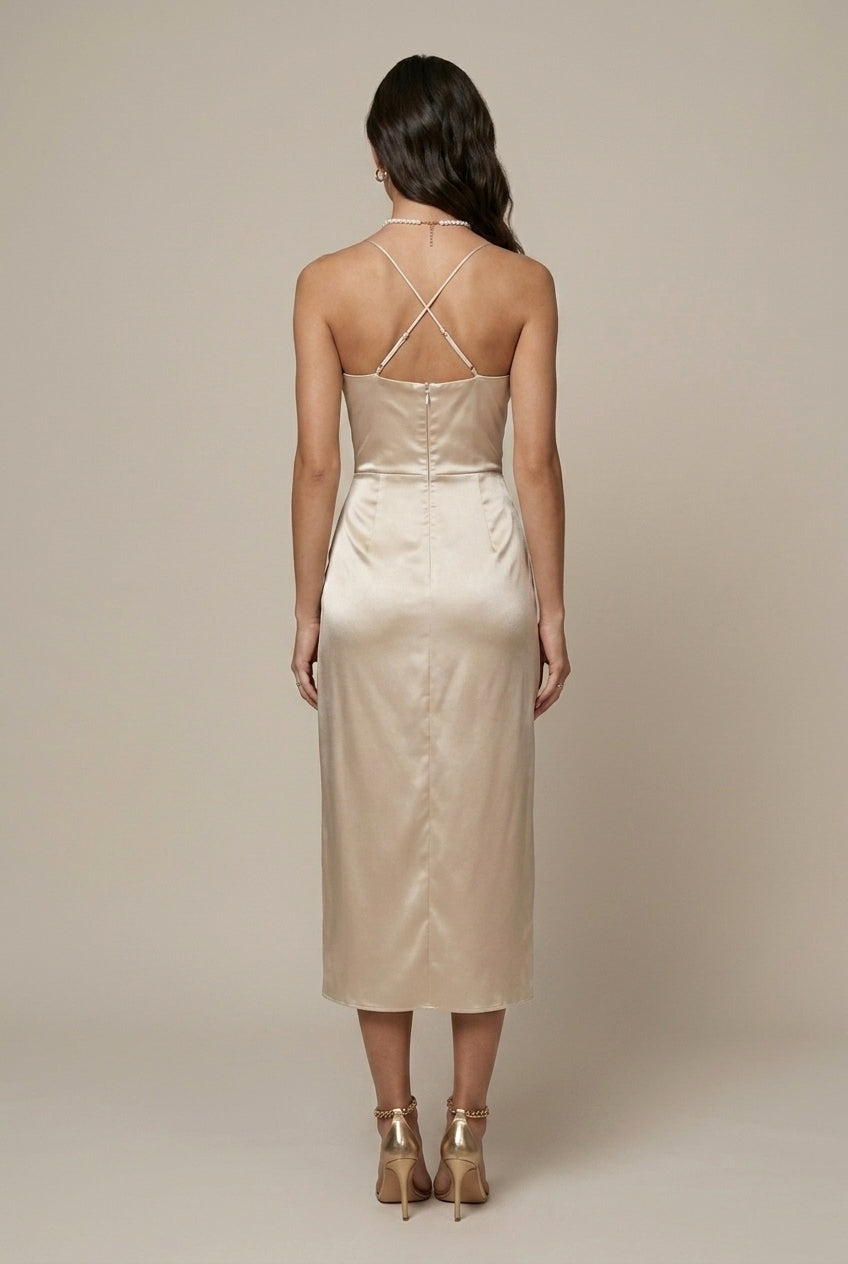 Women's Satin Wrap Midi Dress Spaghetti Strap