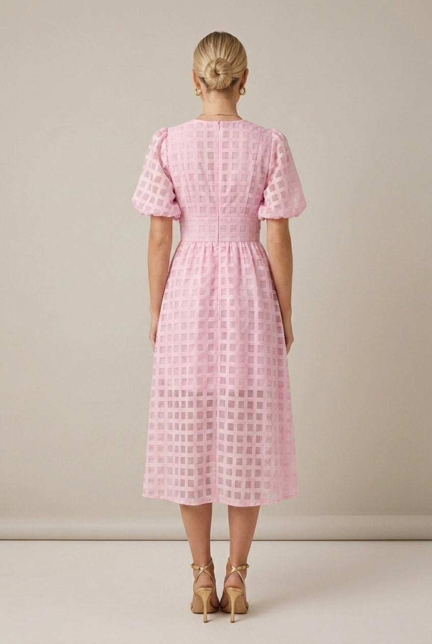Women's Checkered Puff Sleeve V-Neck Midi Dress