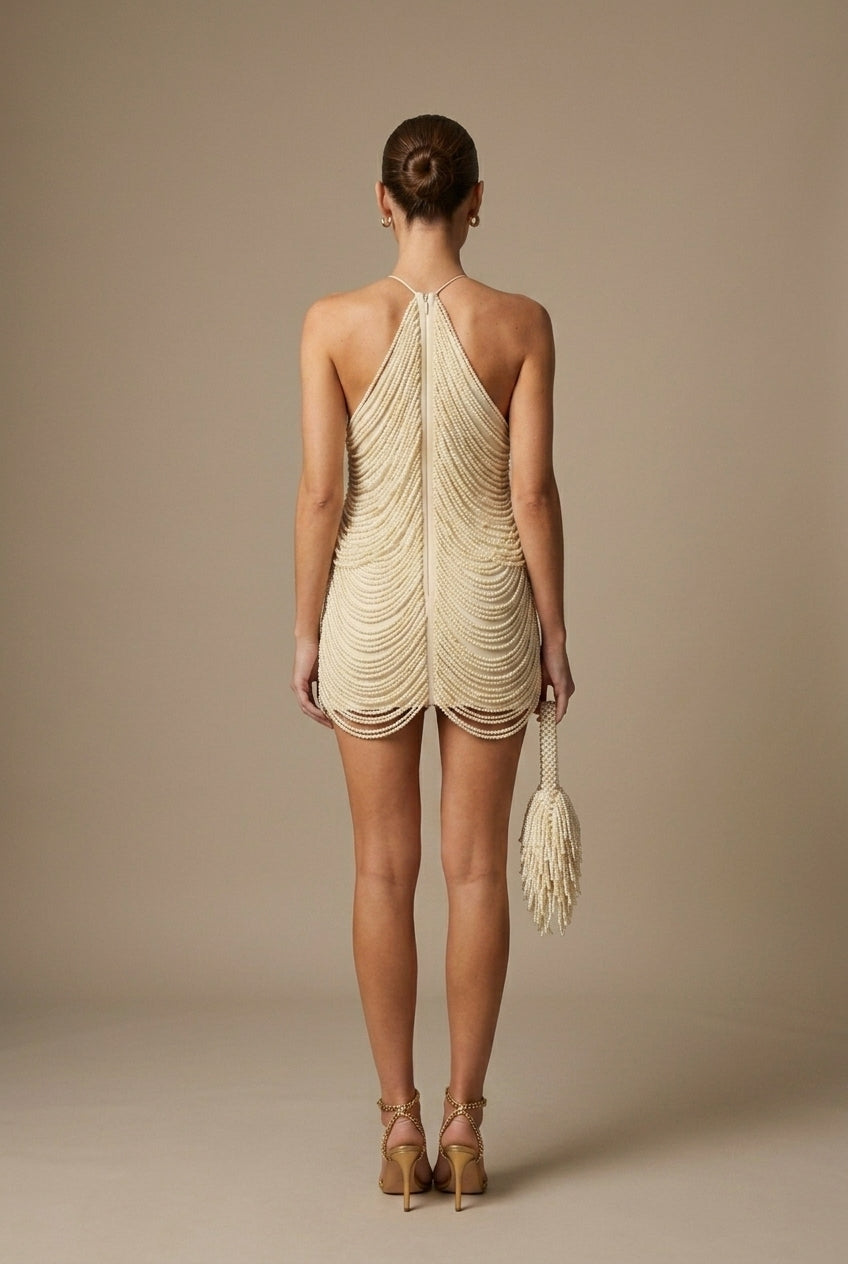 Women's Halter Neck Mini Dress - Beaded Fringe Detail - Sequin Embellished Bodycon