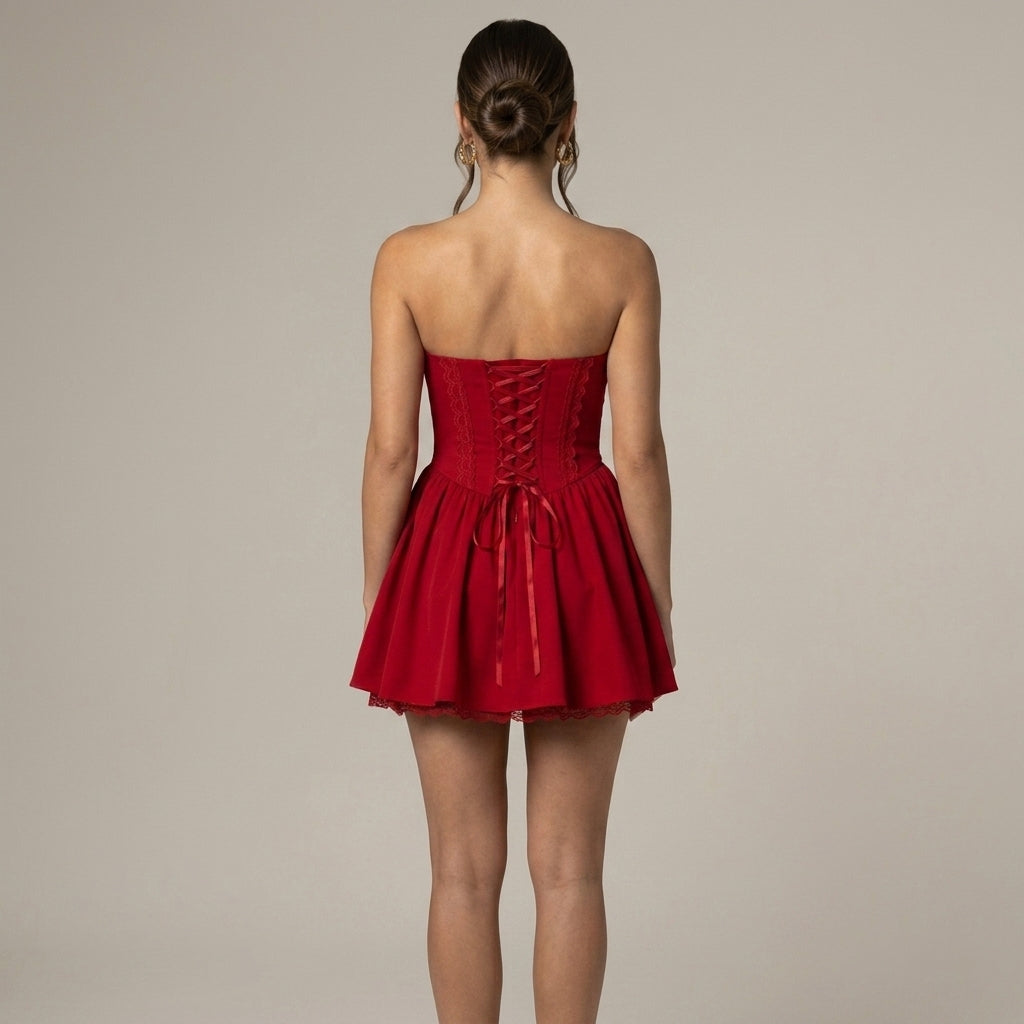 Women's Strapless Corset Mini Dress with Lace-Up Front and Flared Skirt