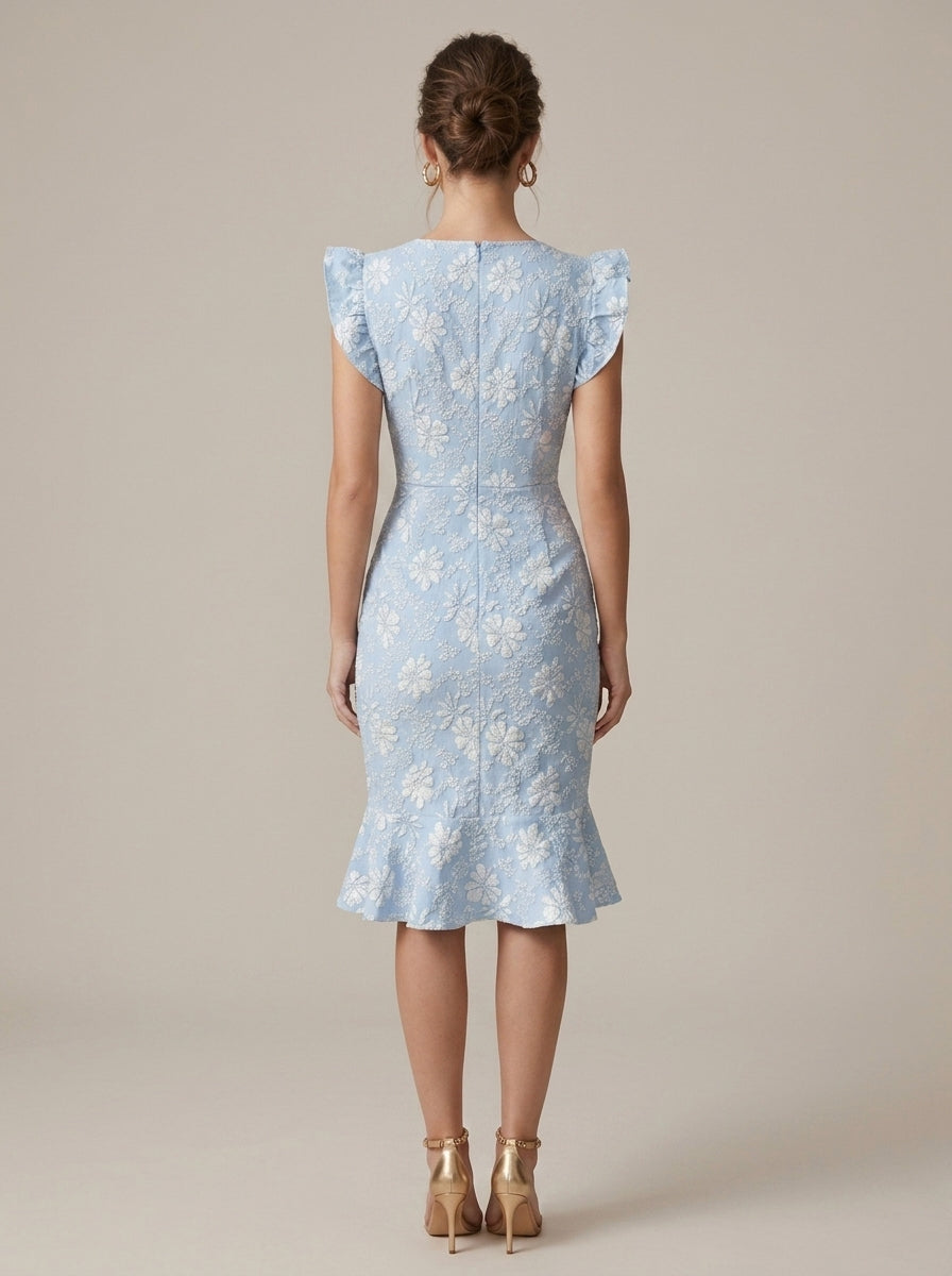 Women's Embroidered Square Neck Bodycon Mini Dress - Short Sleeves
