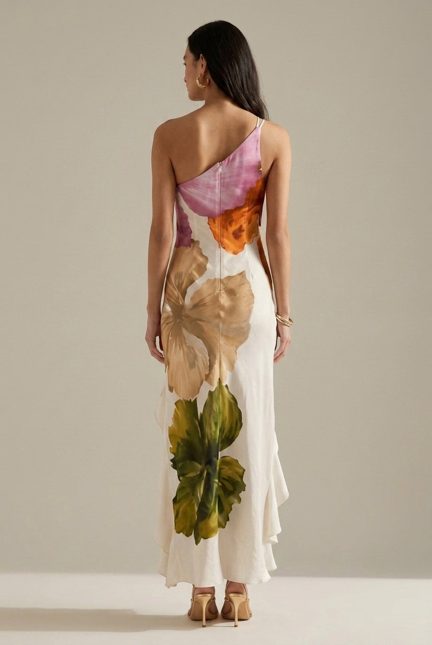Women's Floral One Shoulder Ruffle Hem Maxi Dress
